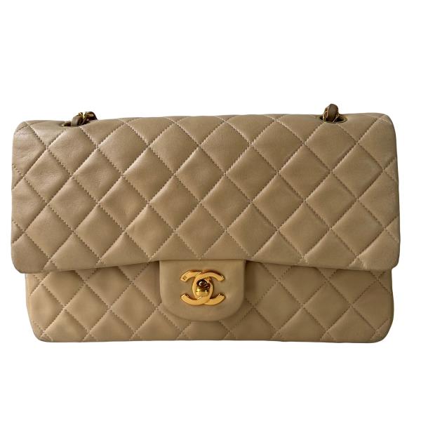 Chanel Medium Classic Double Flap Bag in Beige And Gold Tweed With Champagne Gold Hardware
