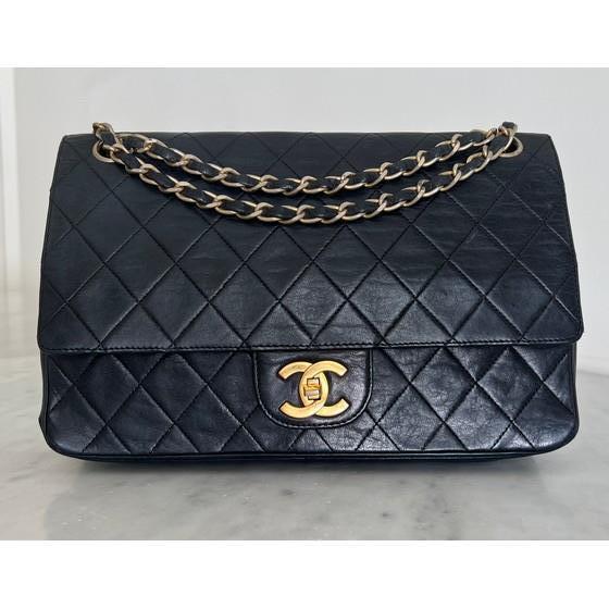 Chanel Vintage Navy  White Stitch Single Flap Bag with 24k Gold Hardw   Sellier