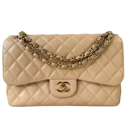 Image of Chanel jumbo 2.55 timeless classic double flap bag in beige caviar leather and gold hardware VM221214