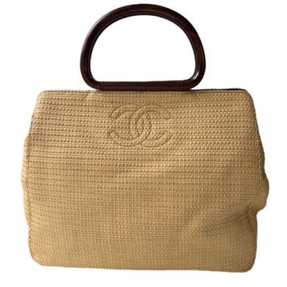 Image of Chanel large raffia tote with wooden handle handbag VM221402